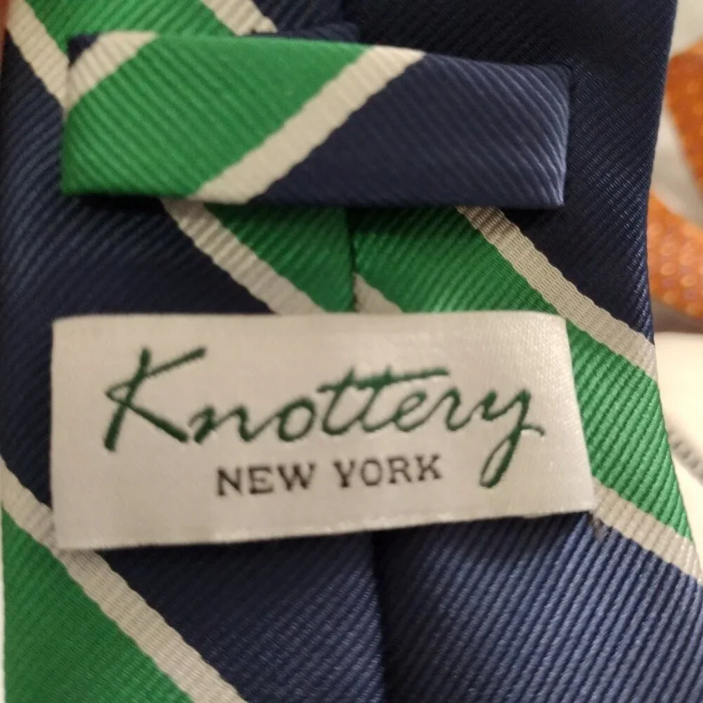 Knottery New York Navy Green Striped Tie Classic Diagonal Stripe Dress Necktie - Picture 5 of 9
